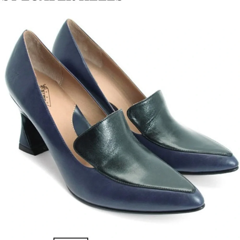 John Fluevog Big Presence Davis Classy Loafer Heels Black & Blue Leather 9.5 - Picture 1 of 13